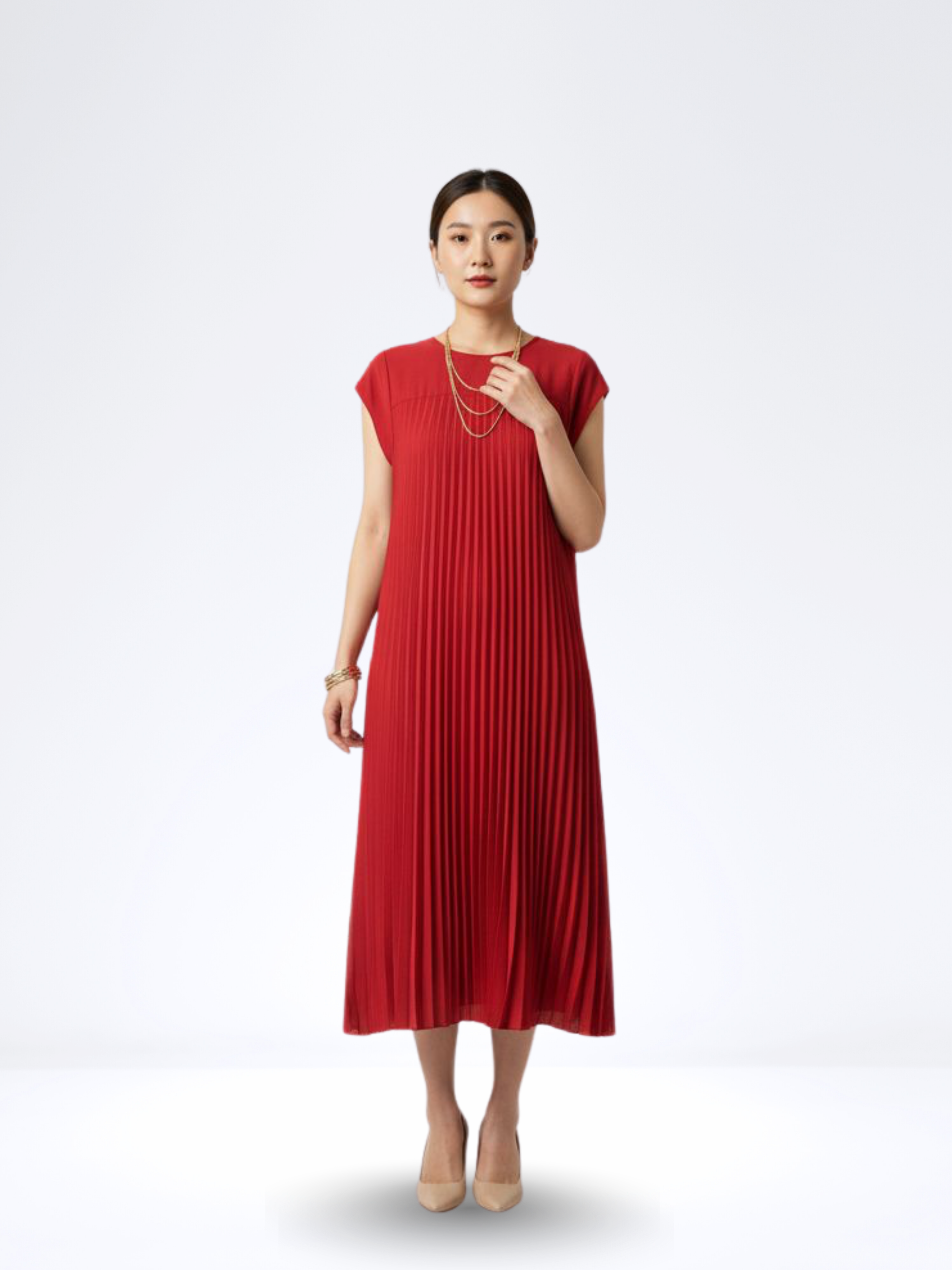 RED PLEATED MAXI DRESS