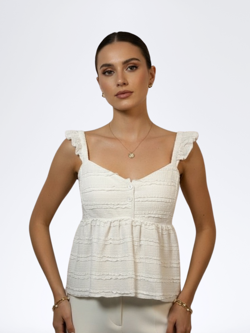 WHITE SLEEVELESS RUFFLETOP