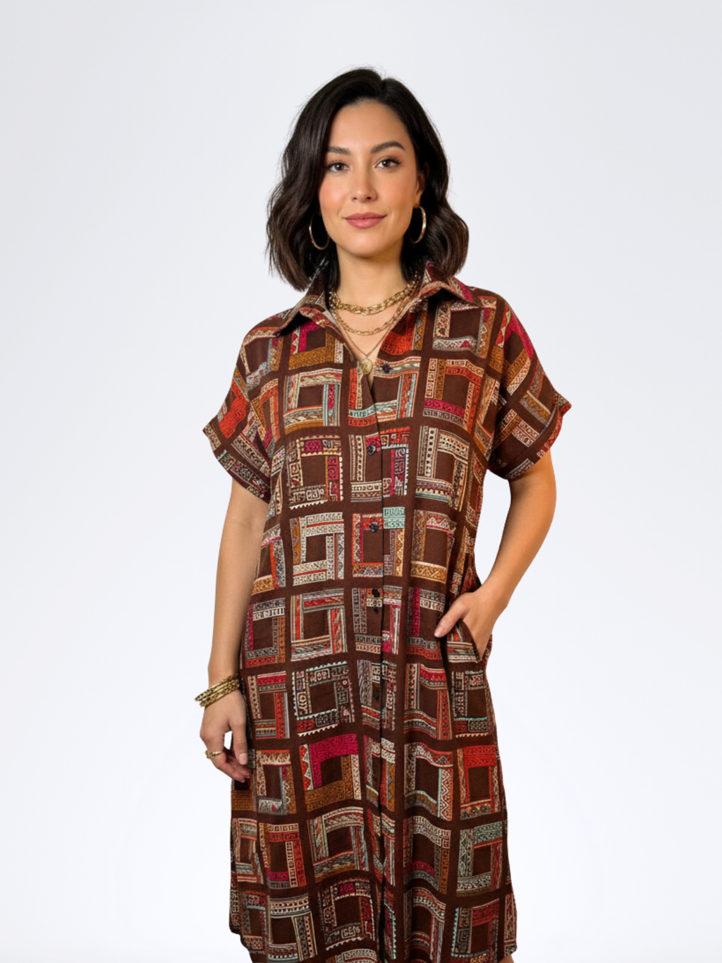 BROWN BOHO BLOCK DRESS