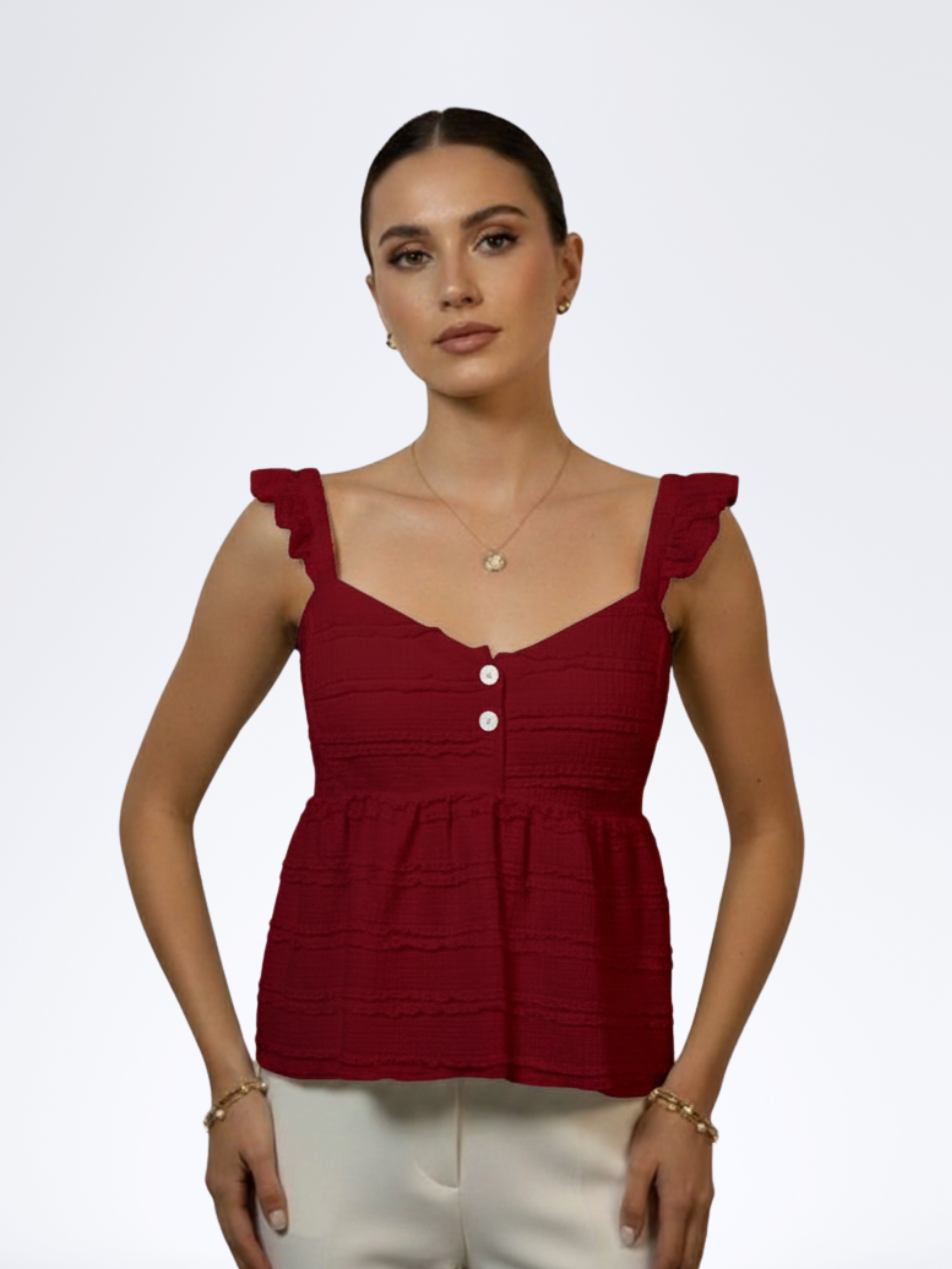 RED SLEEVELESS RUFFLETOP